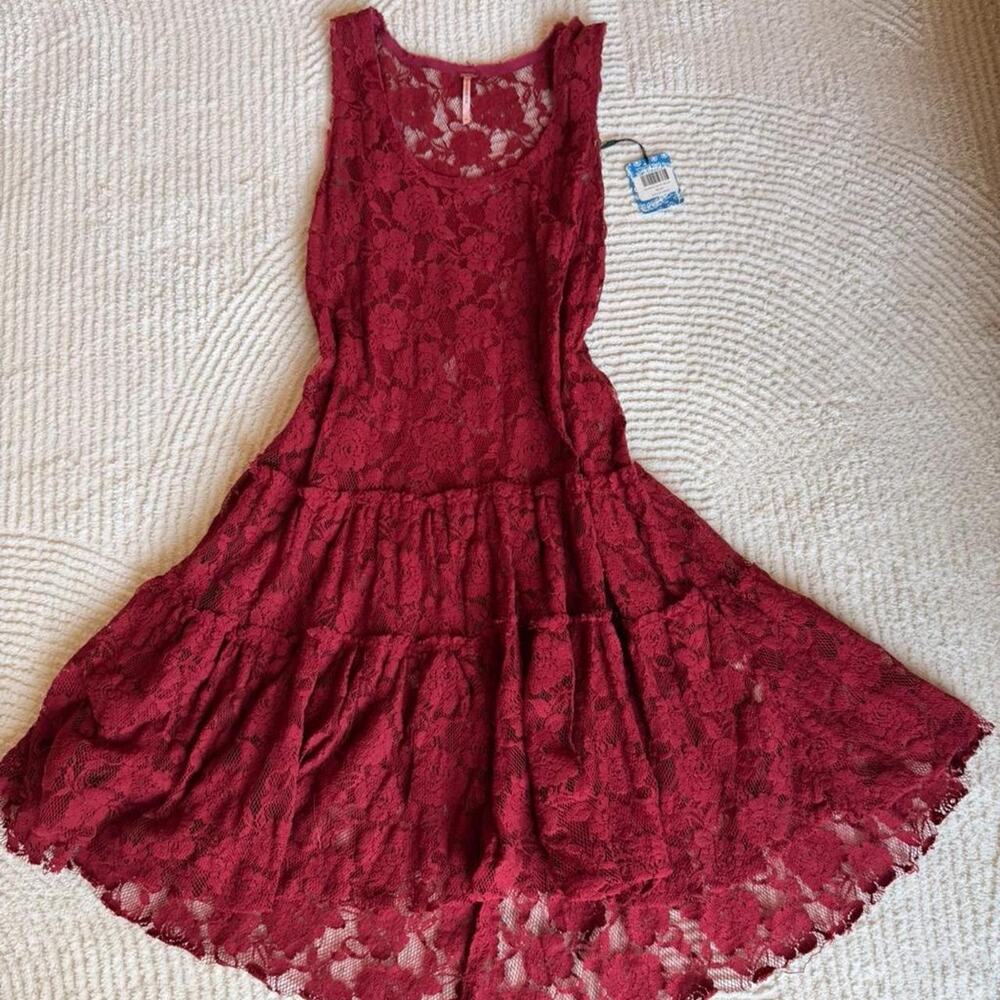 Free People Burgundy Lace Tiered Babydoll Dress